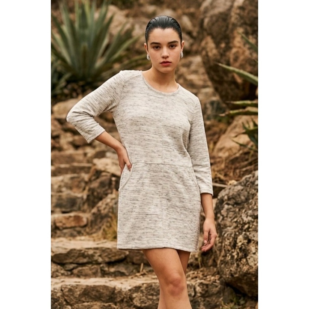 Betsey Johnson SZ M Marled Gray Pullover Sweatshirt Dress 3/4 Sleeve W/Pockets